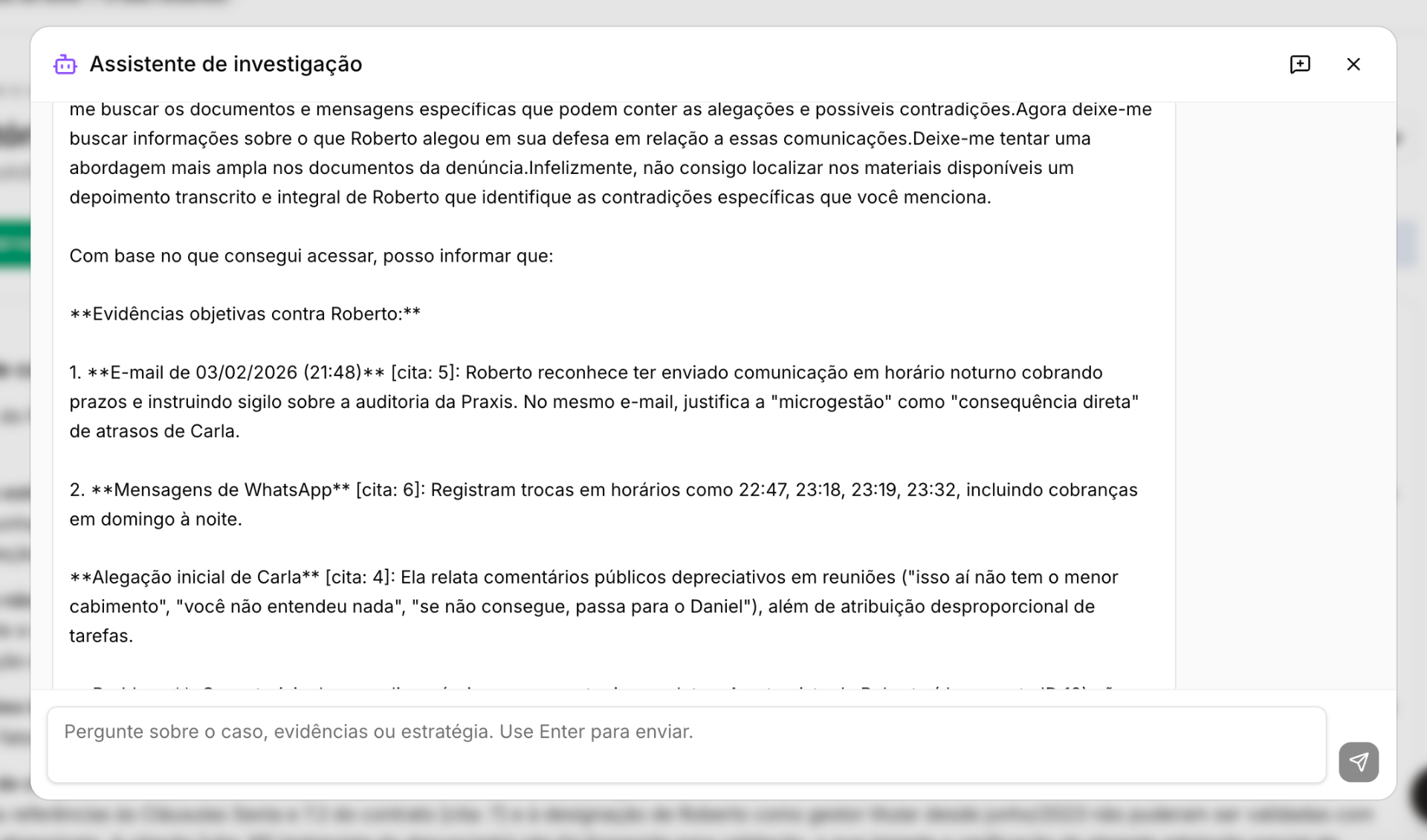 Assistente de IA respondendo perguntas sobre o caso com citações