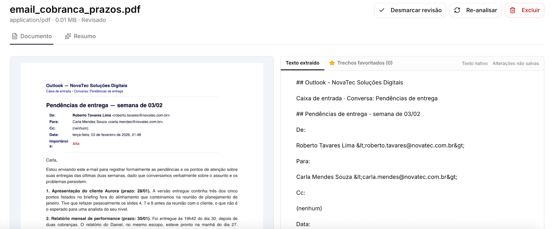 Tela de revisão de documento PDF com texto extraído