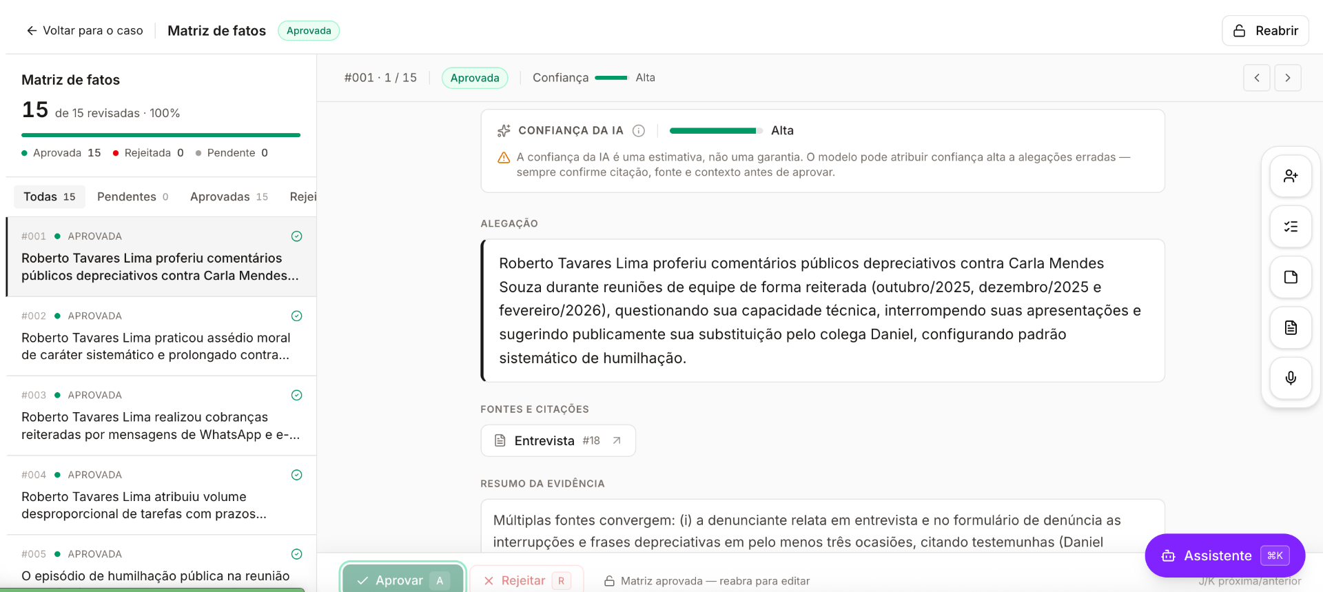 Matriz de fatos com alegações, citações e níveis de confiança