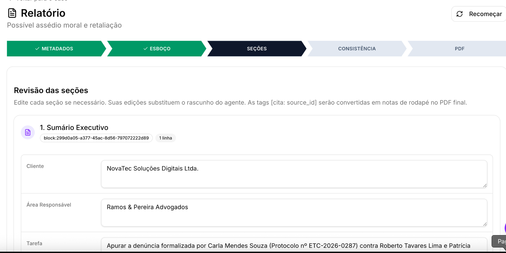 Construtor de relatório com etapas Metadados, Esboço, Seções, Consistência e PDF