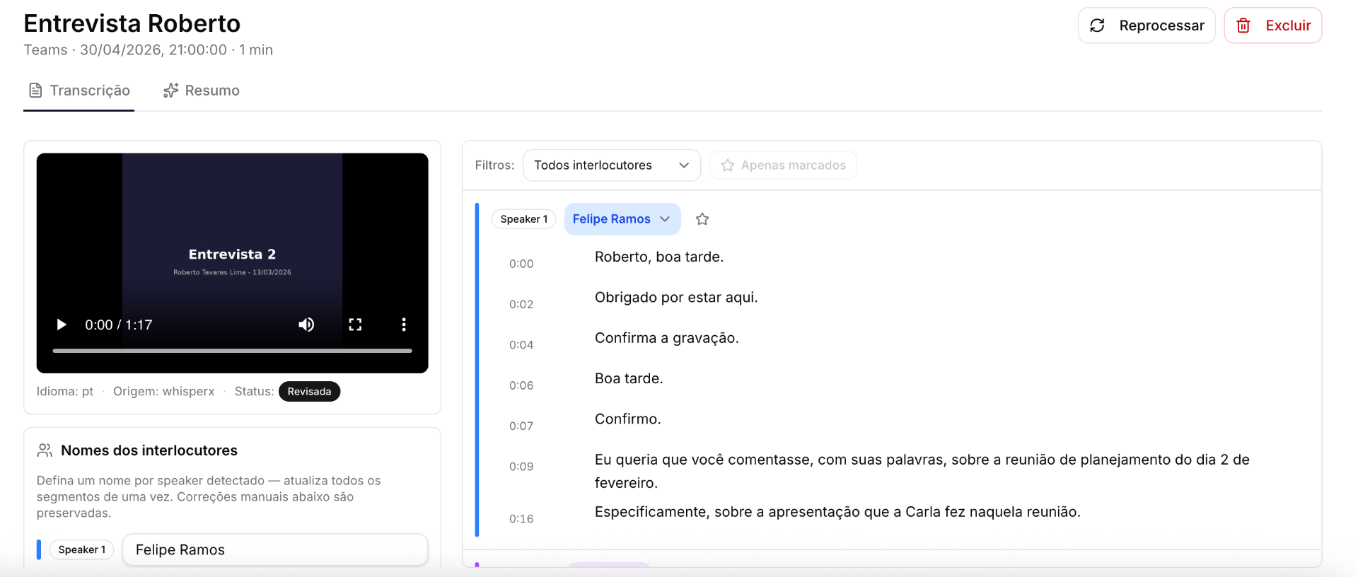 Transcrição de entrevista com falantes e marcações de tempo
